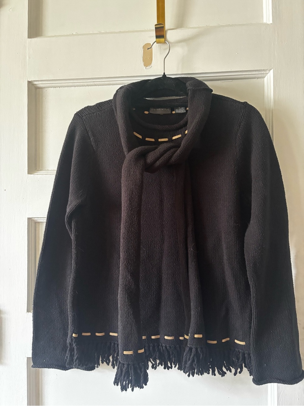 Relativity Black Knit Sweater with Scarf Tie and fringe - Size M